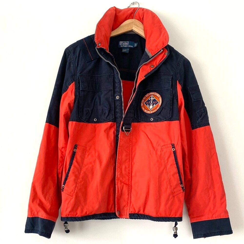 Vintage Polo Ralph Lauren JP Olson Red Navy Utility Jacket Patch Hood sz S